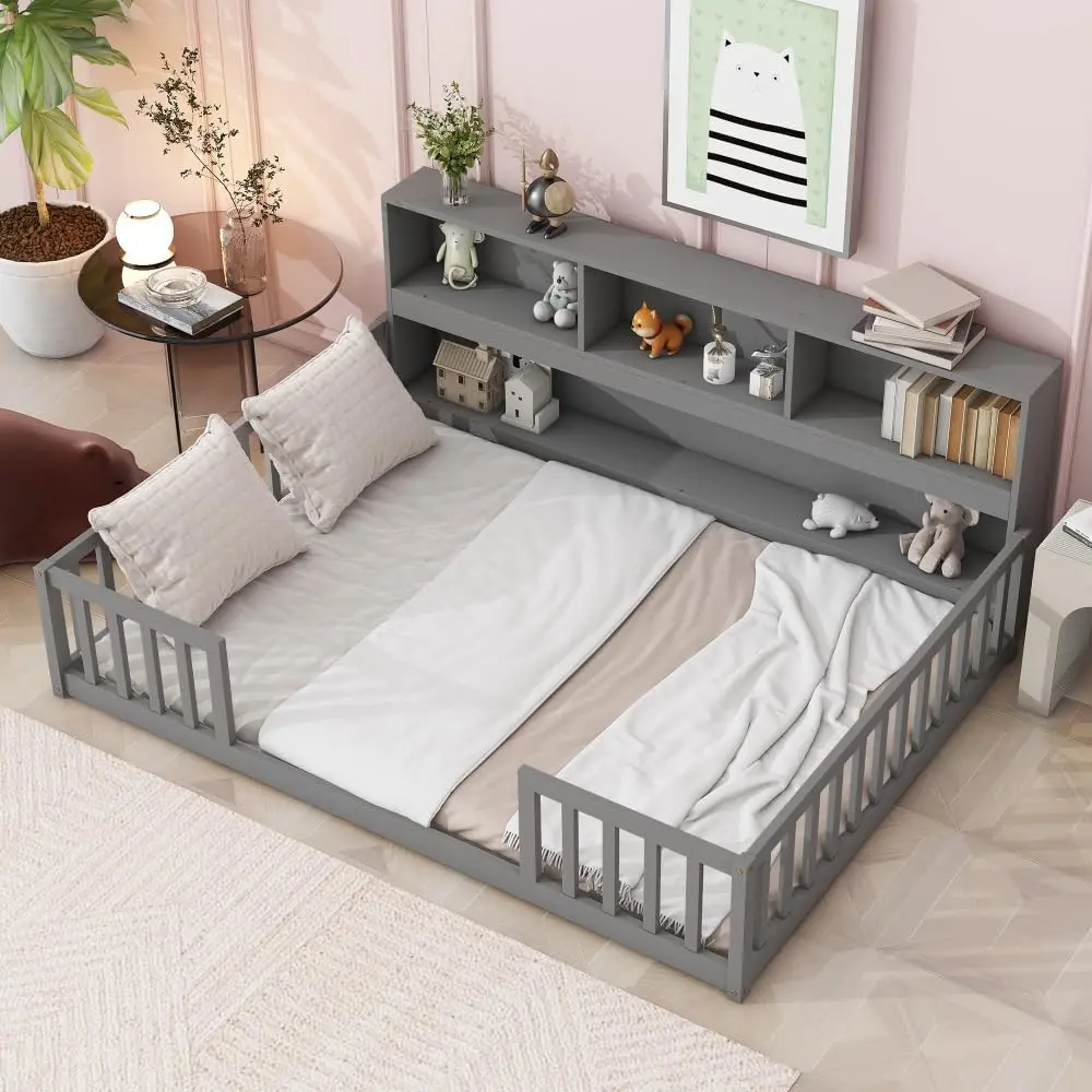 Double Montessori floor bed with storage rack and bedside bookshelf, wooden floor bed with guardrail, unisex double floor bed frame, gray