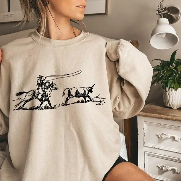 Cowboy Roping Western Sweatshirt - Retro American Western Rodeo Hoodie, Sketch Steer Cowboy Graphic Crewneck, Heavyweight Oversized Country Girl Top