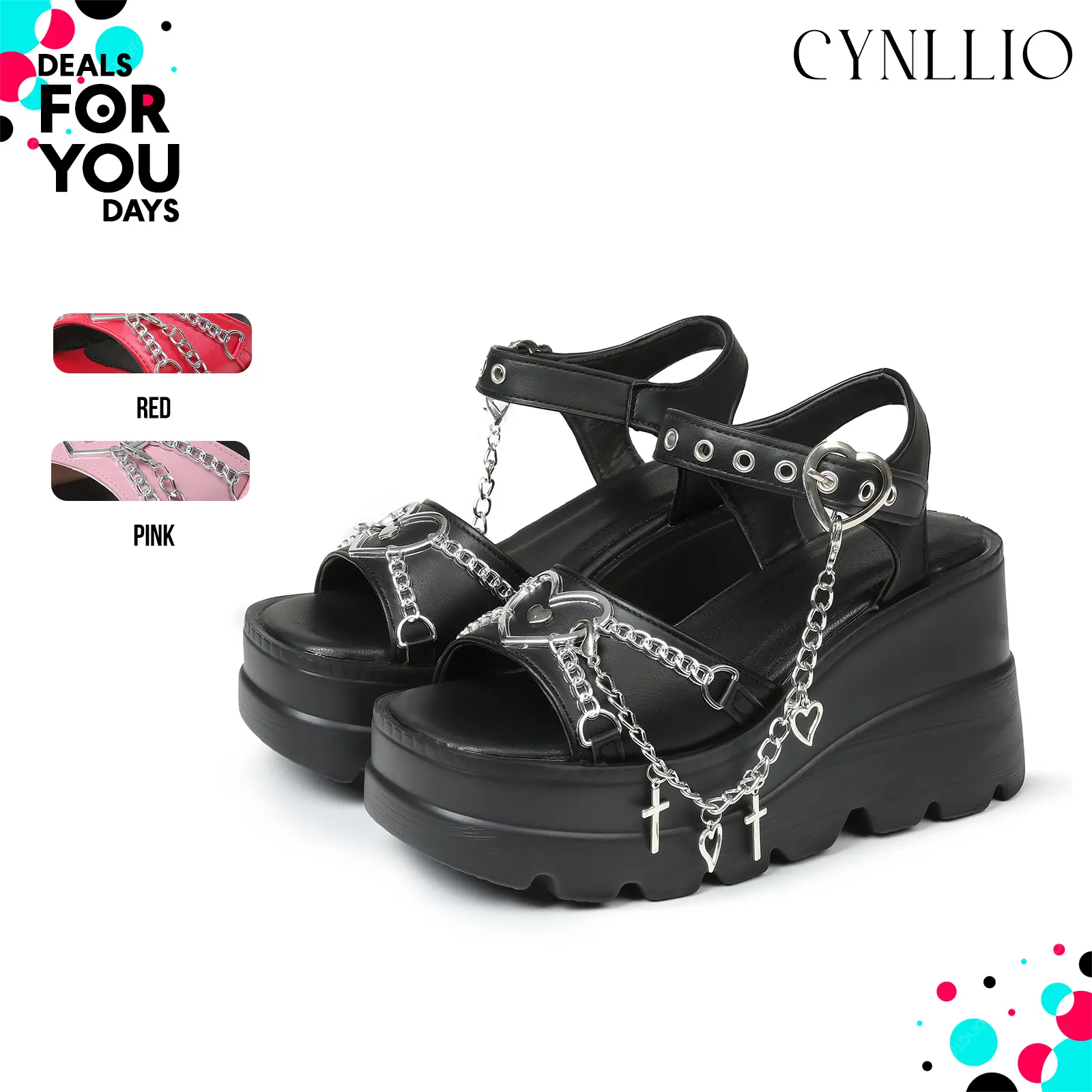 CYNLLIO Womens Platform Sandals Gothic Punk Heart Chain Buckle Comfortable Peep Toe Ankle Strap Wedge Heel Sandals Casual Party Dress Shoes Thick Heeled Summer Sandal Deals For You Days