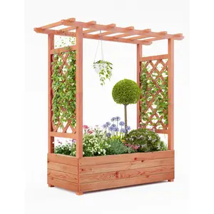 Wooden Elevated Garden Planter Box with Trellis, Sturdy Side Supports, Protective Canopy & 4 Drainage Holes,for Climbing Plants, Flowering Vines, Vegetables & Blossoms - Outdoor/Indoor