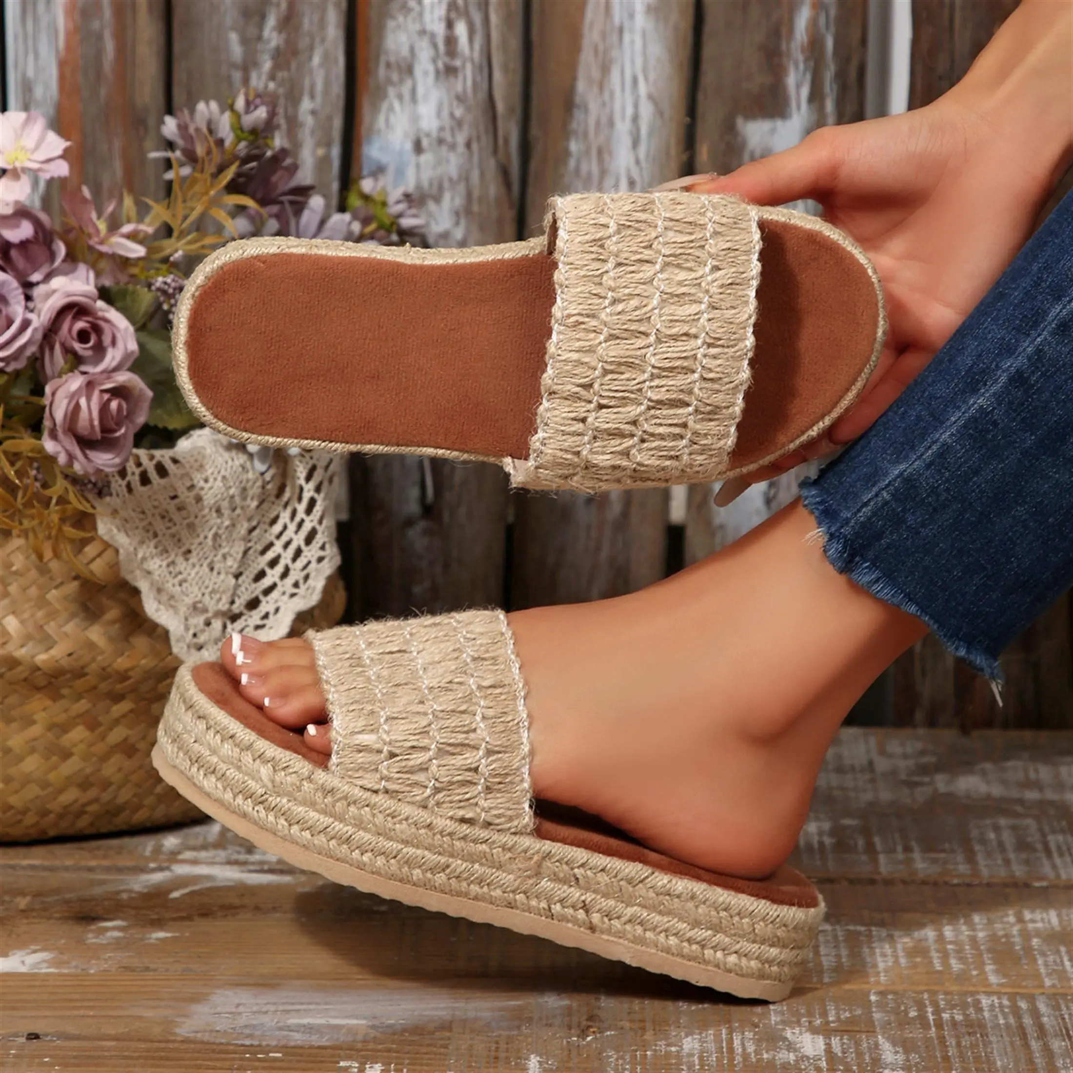 Women's Bohemian Woven Platform Slides Open Toe Espadrille Footwear