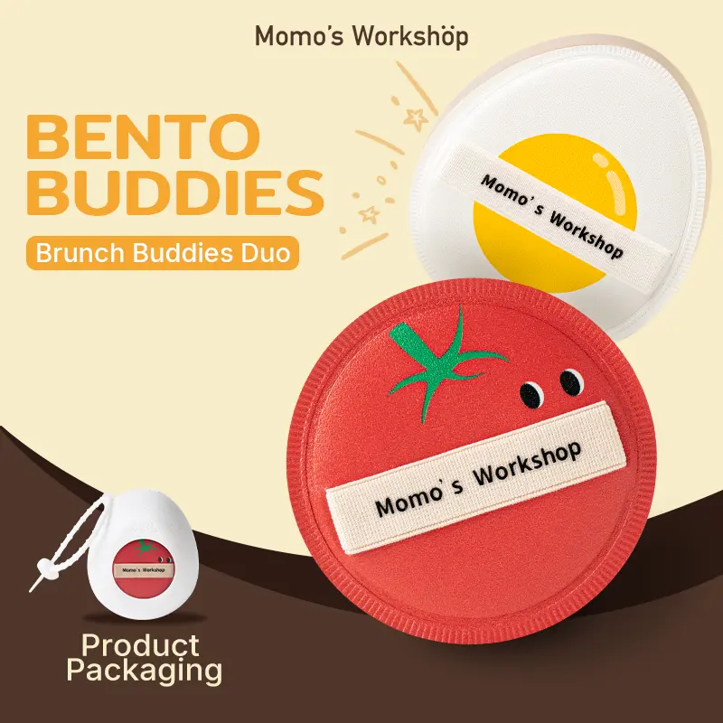 Momo's Workshop Bento Buddies Brunch Buddies Duo, Medium Bounce Rubycell Foundation Puffs for Creamy Finish, Quick Blending, Comfortable for All Skin Types, Travel Friendly, Storage Case