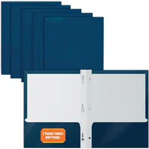2 Pocket Glossy Navy Blue Paper Folders with Prongs, Letter Size, High Gloss Navy Blue Paper Portfolios with 3 Metal Prong Fasteners, Box of 25 Glossy Dark Blue Folders