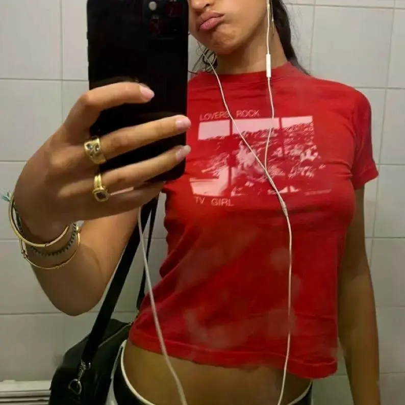 Lovers Rock TV Girl Graphic Baby Tee, Vintage Indie Aesthetic Slim Fit T-Shirt, Y2K Streetwear Top, Trendy Unisex Shirt