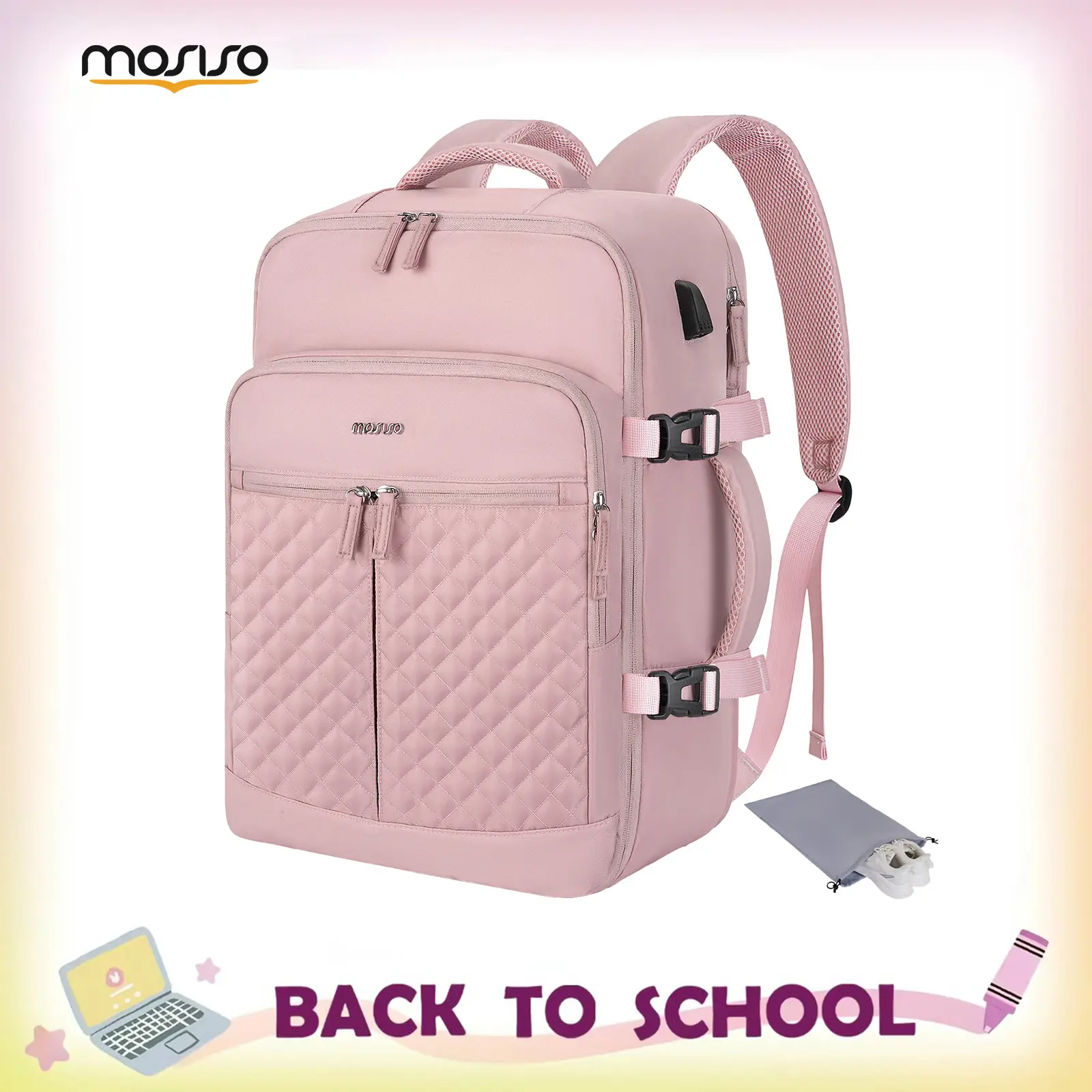MOSISO Quilted Travel Backpack for Adults, 40L Rhombus Polyester Carry On Bag with USB Port, Multiple Handles, Fits 17.3-Inch Laptop, Adult, On The Road, Everyday Carry, Synthetic, Zip, Carry On Backpacks