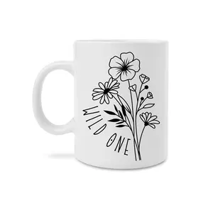 Wild One 15 oz white coffee mug/teacup with wildflowers Drinkware Glossy