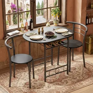 Round 3 Piece Dining Table Set with Chairs, MDF Metal Frame Breakfast Dinette with Under Table Wine Storage Rack, Space Saving Design Perfect for Kitchen Dining Room Bar Daily Household Use
