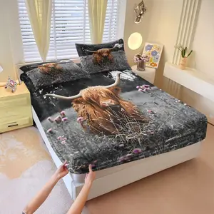 3Pcs Highland Cow Fitted Sheet Set, Featuring Vibrant Reddish-Brown Hair and Charming White Horns, Soft and Cozy Bedding for Nature Lovers, a Rustic Bedroom Makeover, Embrace the Countryside Charm! Includes 2 Pillowcases, No Pillow Core