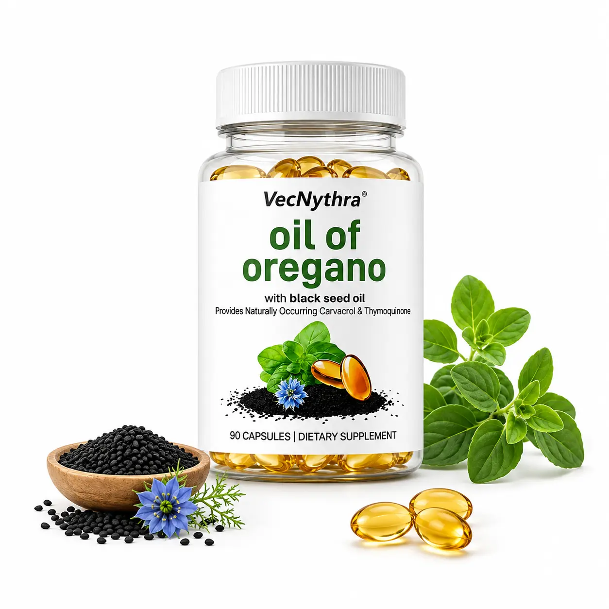 Oil of Oregano with Black Seed Oil Softgels, 20:1 Oregano Oil Extract, Equivalent to 6,000mg Oregano Oil per Serving, 165mg Naturally Occurring Carvacrol, 200mg Black Seed Oil, 90 Softgels