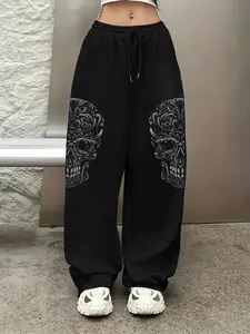 Women's Skull Print Drawstring Waist Sweatpants, Casual Comfy Jogger Pants for Daily Wear, Ladies Bottoms for Summer