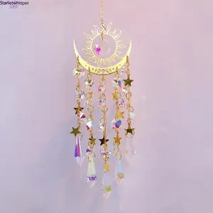 Golden Flame Moon Crystal Suncatcher Hanging Decor, AB Color Prism Wind Chime Pendant for Outdoor Garden & Window, Sparkling Rainbow Maker Boho Ornament Perfect for Yard, Balcony & Spiritual Gift Giving