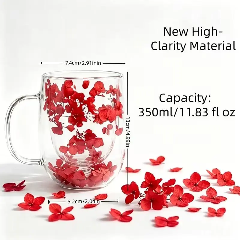 12.51 oz Heat-Resistant High Borosilicate 2-Layer Glass Cup with Handle, Genuine Dried Flower Inlay, Transparent Insulated Tumbler for Hot Drinks, Ideal Gift for Birthdays Housewarmings Weddings, Home Supplies Drinkware