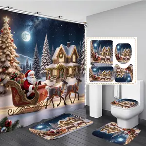 1/3/4PCS CHRISTMAS FESTIVE STYLE WITH SANTA SLED REINDEER AND CABIN Shower Curtain Set with Rugs, Non Slip Bath Mat, U-Shape Carpet, Toilet Lid Cover, Polyester Fabric Bathtub Curtain Accessories, 12 Hooks, Home Bathroom Festival Decor