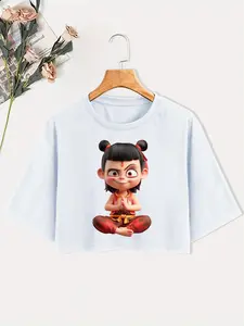 Cartoon Nezha Print Round Neck Tee, Casual Short Sleeve T-shirt for Summer, Women's Top for Daily Wear