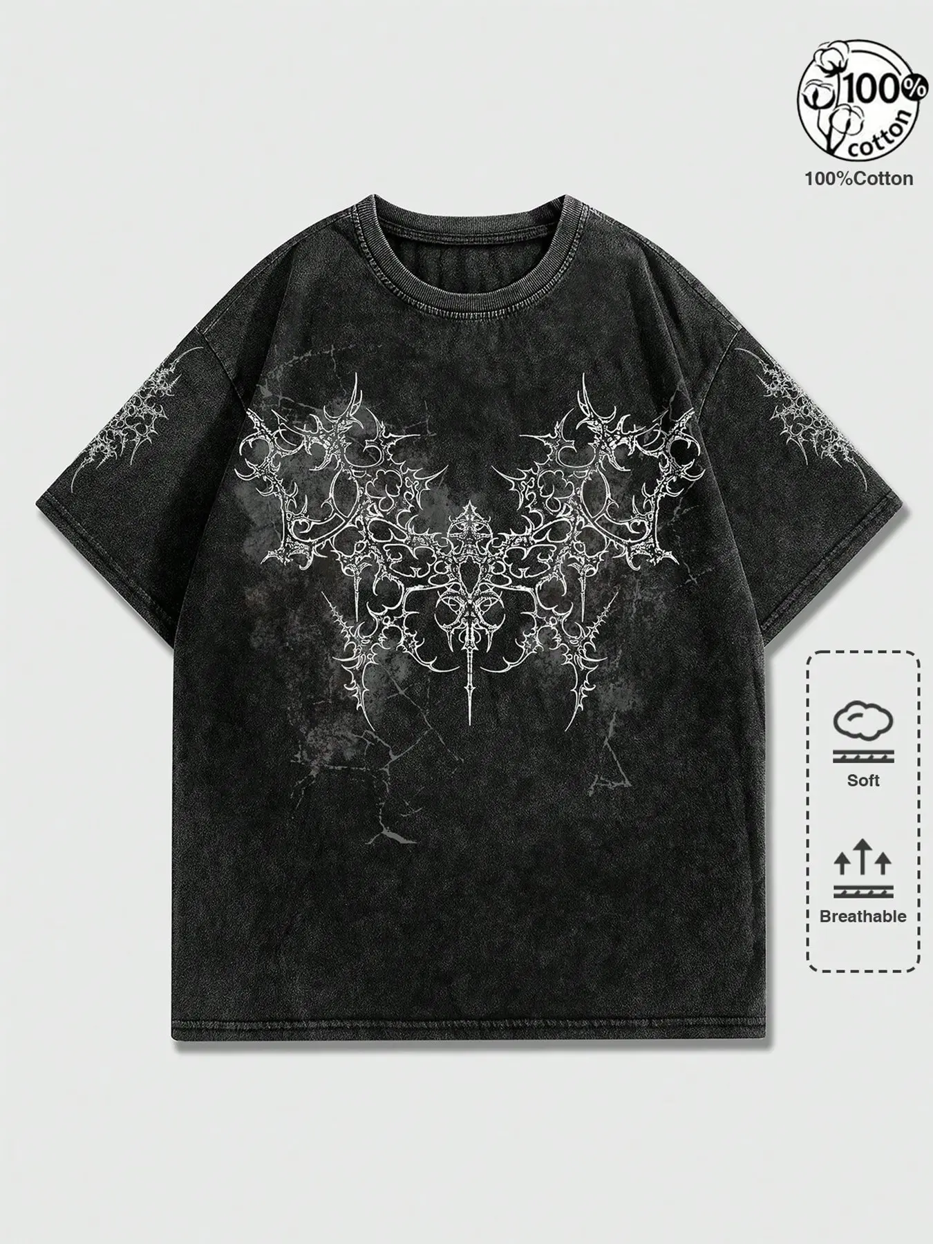 Unisex 100% Cotton Acid Washed Gothic Wing & Thorn Print Oversized T-Shirt | Dark Death Metal Y2K Alt Streetwear Top