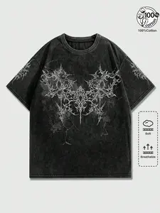 Unisex 100% Cotton Acid Washed Gothic Wing & Thorn Print Oversized T-Shirt | Dark Death Metal Y2K Alt Streetwear Top