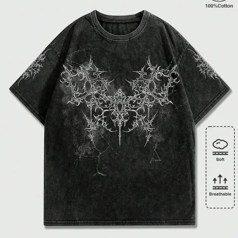 Unisex 100% Cotton Acid Washed Gothic Wing & Thorn Print Oversized T-Shirt | Dark Death Metal Y2K Aesthetic Alt Streetwear Top