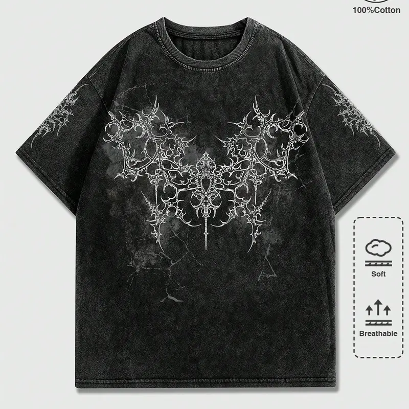 Unisex 100% Cotton Acid Washed Gothic Wing & Thorn Print Oversized T-Shirt | Dark Death Metal Y2K Aesthetic Alt Streetwear Top