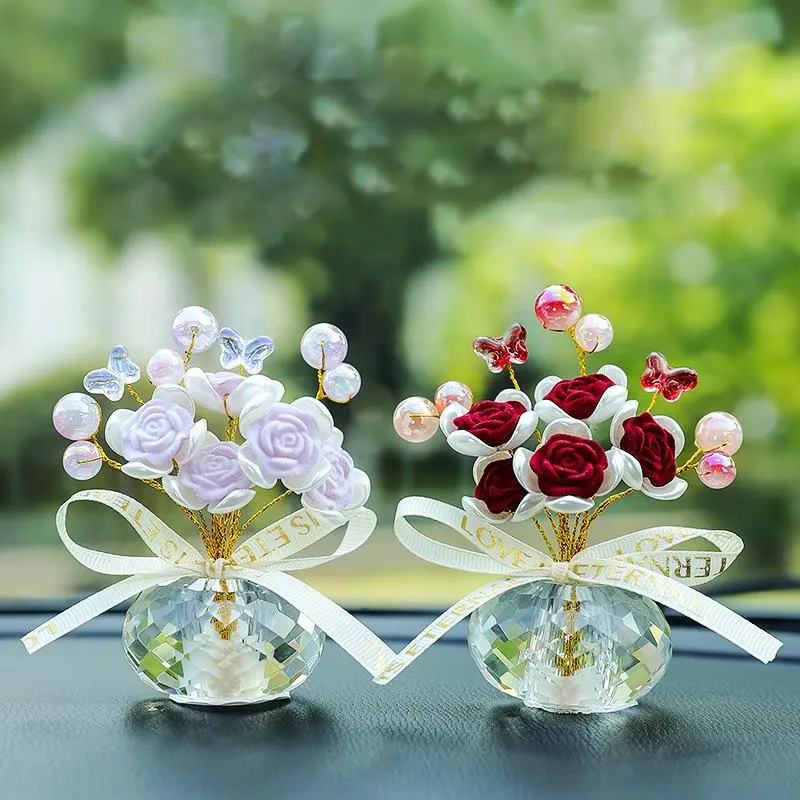 Artificial Crystal Rose Car Ornament, Car Interior Ornaments, Creative Car Interior Decorative Decorations for Dashboard, Car Accessories for Women & Girls, Car Trinkets