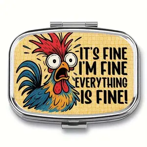 Funny Pill Box Organizer with Rooster Design, 2-Compartment Portable Medicine Case, Food-Safe Metal, Ideal Gift for Travel & Daily Use