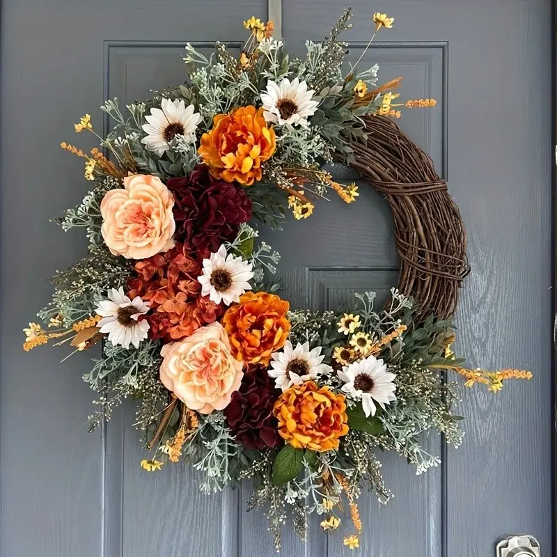 Plastic Composite Lifelike Simulated Daisies - Front Door Fall Wreath Supplies, Modern Home Decor with Vibrant Orange, Red, Green Leaves, Ideal for Thanksgiving, Halloween, Festive Decorations