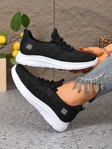 Women's Breathable Knit Mesh Lace-Up Sneakers - Lightweight Casual Walking Shoes with Geometric Print for Everyday Wear Stylish Walking Shoes