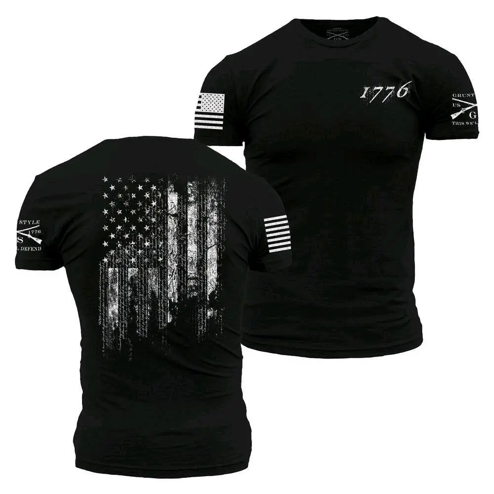 1776 Grunt Type Shirt - Black T-Shirt with American Flag Design and 1776 Logo on Sleeve