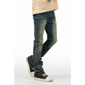 Ozi Rhinestone Tint Blue Stacked Flare Jean