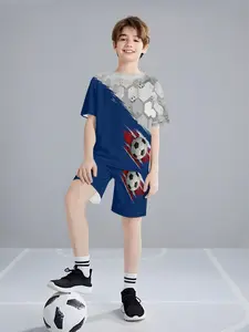New Kids Football Clothing Set, Boy Short Sleeve T-Shirt + Shorts 2-Piece Set, Summer Breathable Casual Wear for 5-14 Years