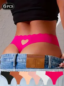 6pcs, Women'S Low Waisted Thong, Heart-shaped Design, Seamless, Sexy, With Wavy Pattern Edges And Hollowed Out Heart-shaped Details Underwear