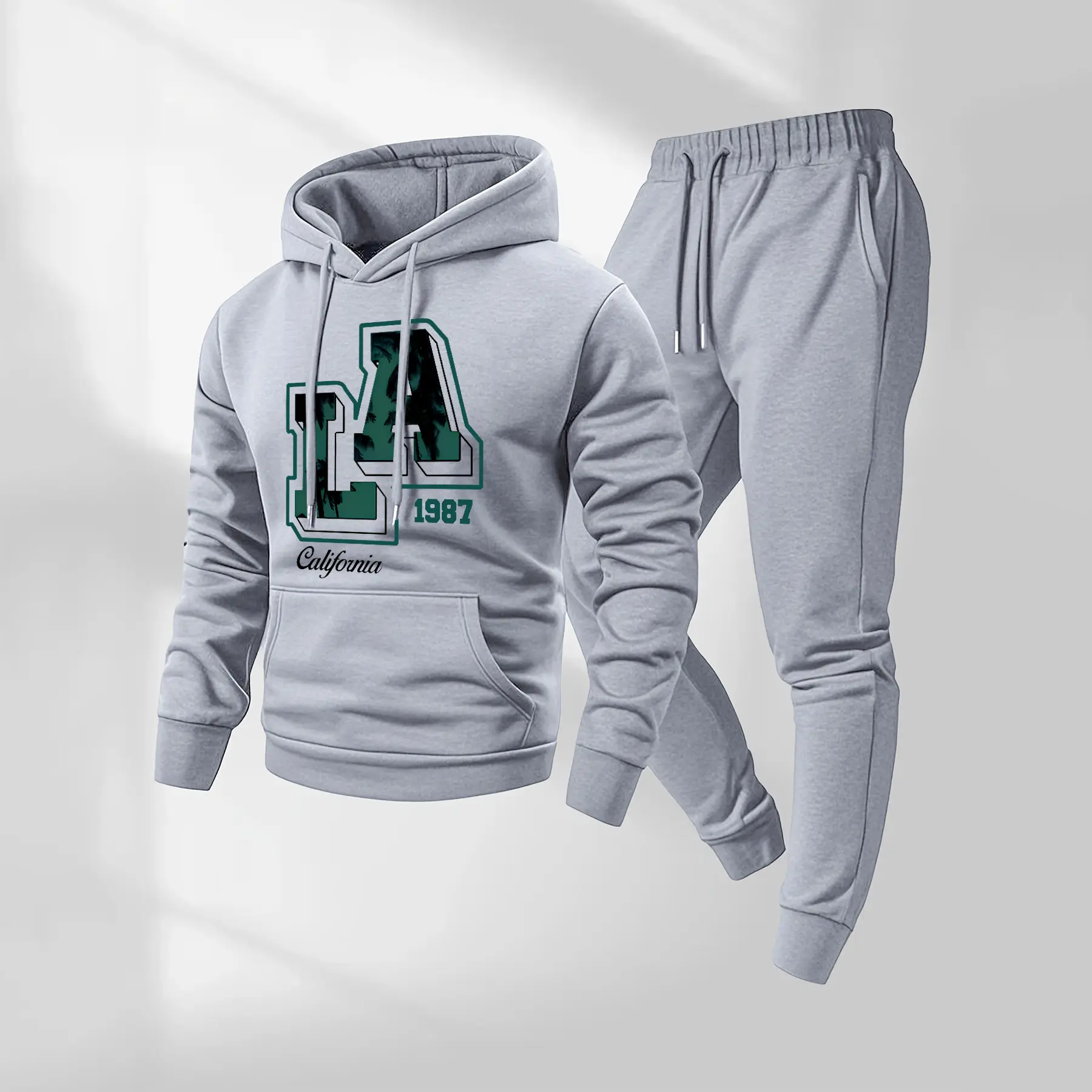 Men's LA1987 Pattern Print Hoodie and Drawstring Sweatpants Set, Menswear, Casual Athletic Long Sleeve Hooded Jacket & Trousers for Fall & Winter, Men's Clothing for Daily Wear, Sportswear Indoor Outdoor, Tracksuit, Athleisure