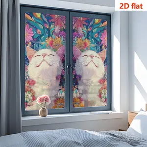 2D Static Adhesive Frosted Sticker, PVC Window Decal, Cat Floral Pattern, 45x100cm Large Size Privacy Protection