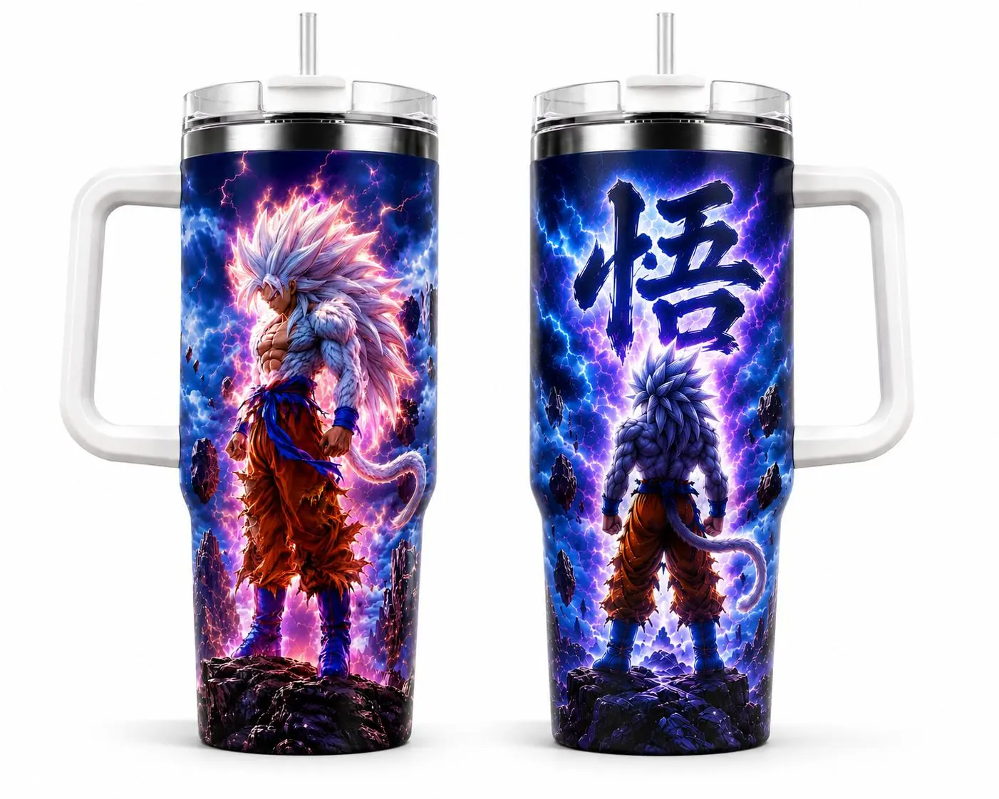 Saiyan Inspired Tumbler 40oz with Handle & Straw, White Hair Warrior Stainless Steel Insulated Travel Mug, Fantasy Lightning Art Cup