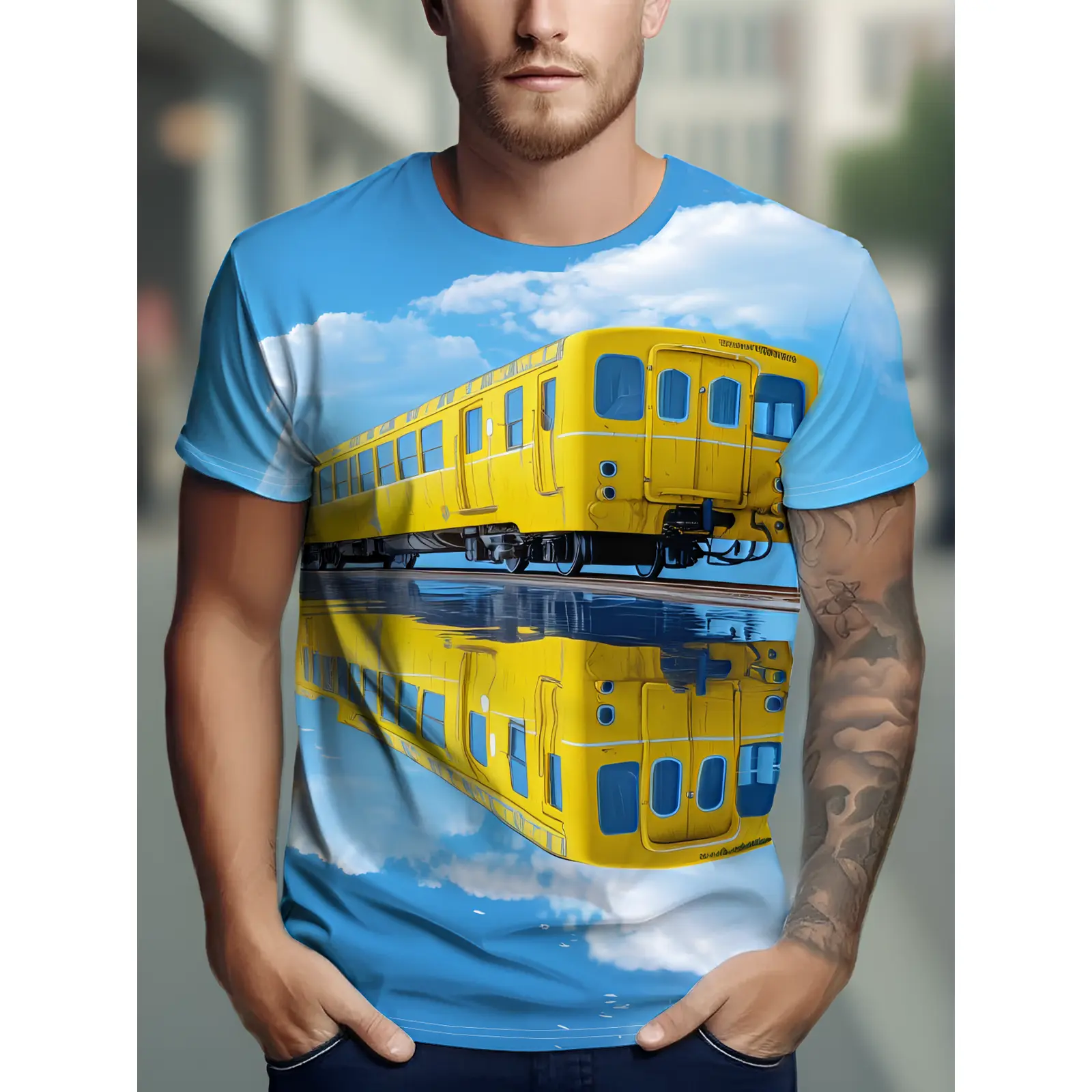 Blue Short-sleeved Shirt with a Print of a Yellow Train and Its Reflection, Featuring Sky Clouds, and a Fresh Design