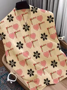 Women's Deep V Neck Sleeveless Knitted Vest, Geometric Heart Floral Print, Thin Casual Daily Wear, Spring Summer Fall Fashion