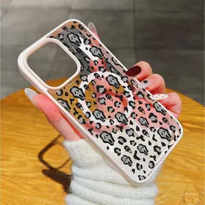 Leopard Gradient Pop Socket Phone Case Shockproof Wear-resistant Anti-drop Transparent Pink Magnetic Cover for iPhone11-17promax Compatible with IPhone11/12/13/14/15/ Promax16/16Promax/16pro/16plus