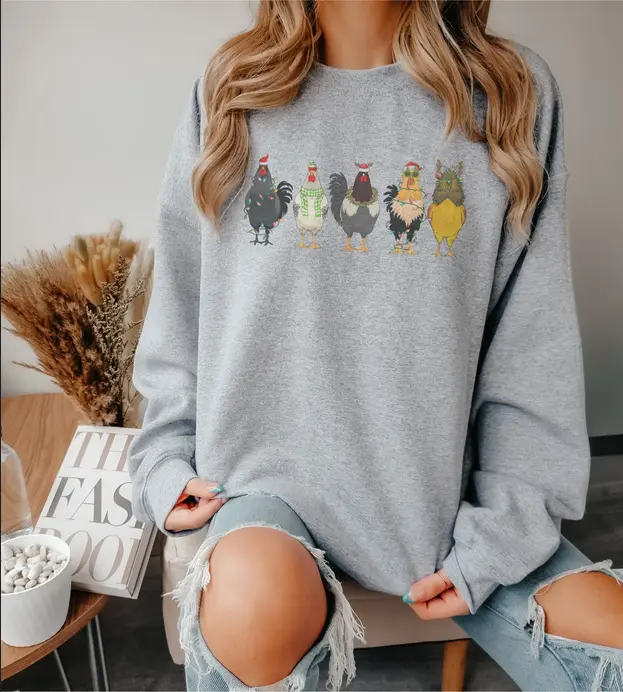 Cozy Christmas Chickens Sweater Chickens in Garland Farmhouse Christmas Sweater