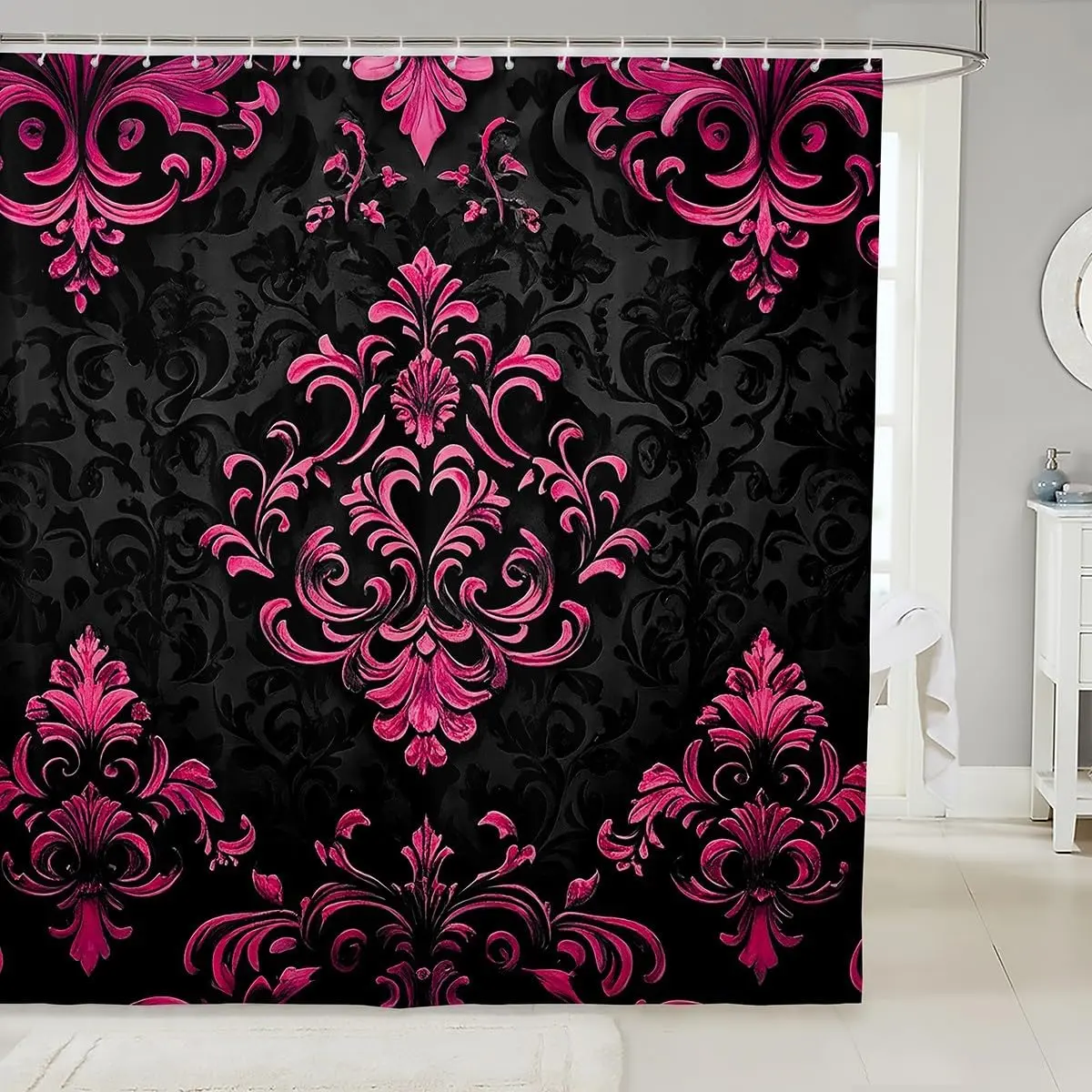 Black Hot Pink Gothic Bathroom Accessories,Vintage Boho Damask Floral Bathroom Curtain,Exotic Goth Shower Curtain for Women Victorian Baroque Flower Shower Decor
