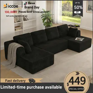 【Shipped in 2 or 3 packages】Popular No Assembly Needed 132'' U-Shape Oversized Cloud  sofa Couch - Corduroy Modular Sectional Sofa with 6 Soft Pillows, Deep Seat Boneless Upholstered Couches for Living Room