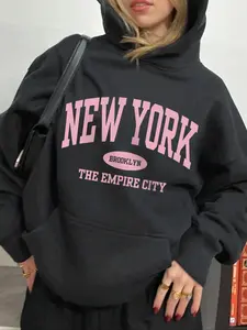 Women's Letter Print Drop Shoulder Hoodie, Fashion Casual Drawstring Pocket Hooded Sweatshirt for Daily Holiday Outdoor Wear, Women Clothing for Fall & Winter