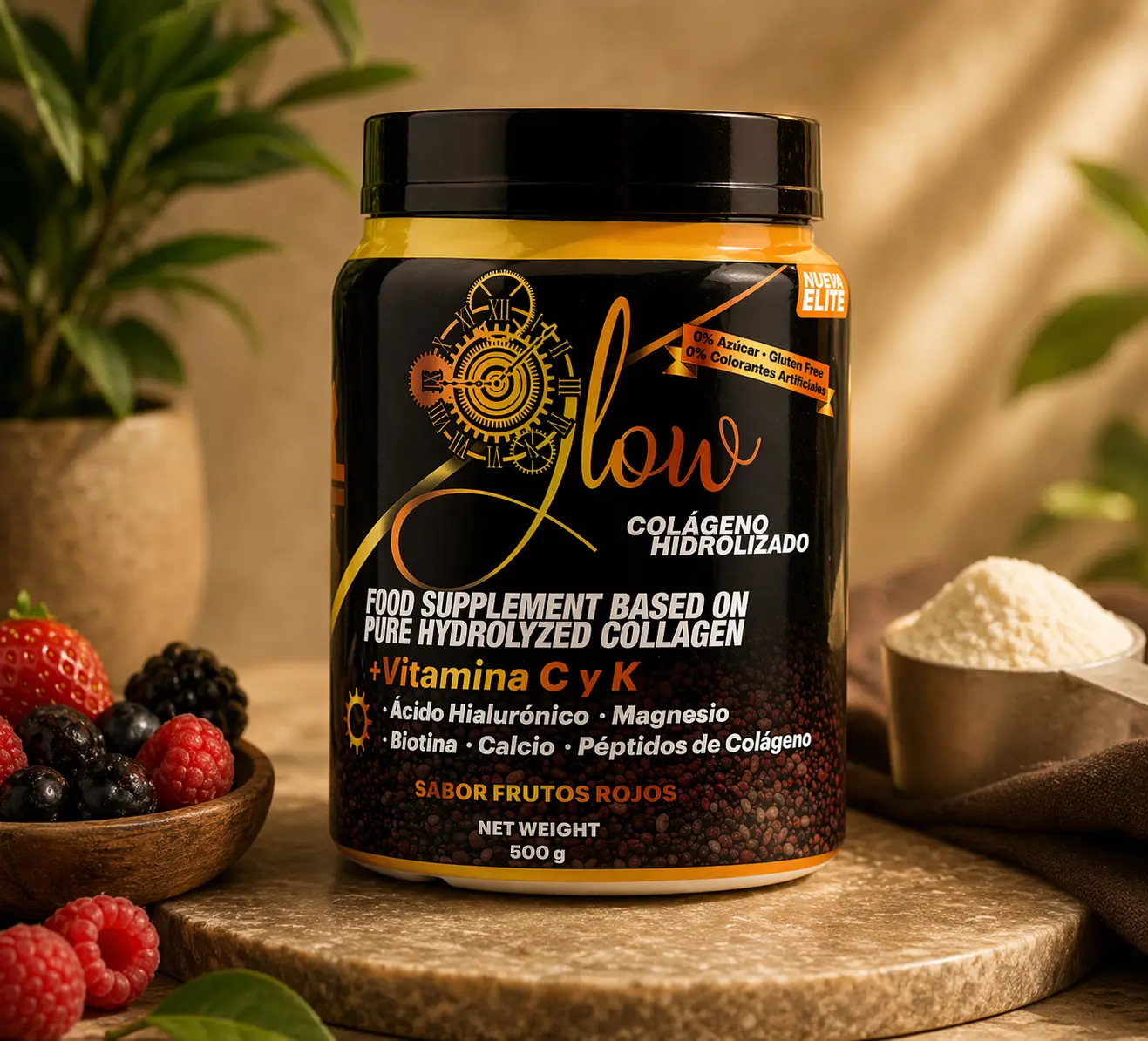Glow Colágeno Hidrolizado 500 g | Vitamina C + K | Ácido Hialurónico | Biotina | Magnesio | Calcio