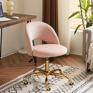 Modern Velvet Small Office Chair,Cute Desk Chair with Wheels,Gold Base/Studs, Comfy Armless Swivel Vanity Task Chair for Women/Girl/Kids, Nail Tech Chair for Bedroom,Small Space,Pink