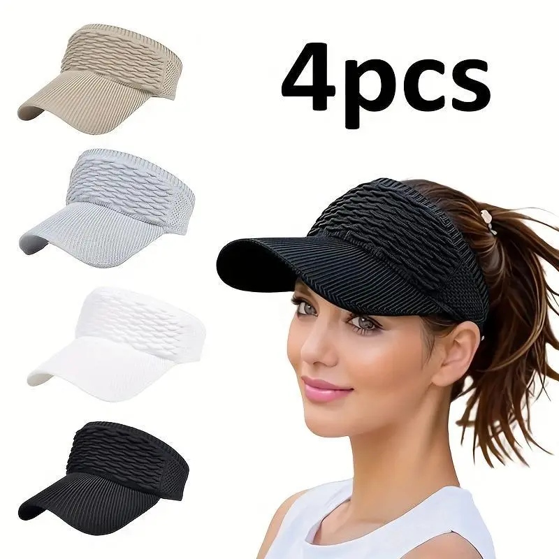 Women's 4-Pcs Cotton UPF 50+ Anti-UV Breathable Adjustable Empty-Top Visors, Unisex Sports Headwear for Tennis, Golf, Outdoor Activities