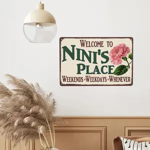 Welcome to Nini's Place Carnation Metal Sign| Vintage Rustic Wall Decor| Aluminum Tin Sign for Home, Porch & Entryway Description