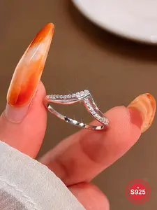 S925 Sterling Silver V-shaped Artificial Zircon Ring, Fashion Promise Ring, Fashion Accessories for Women & Girls, Trendy All-match & Exquisite Jewelry for Birthday Gift, Adjustable Rings