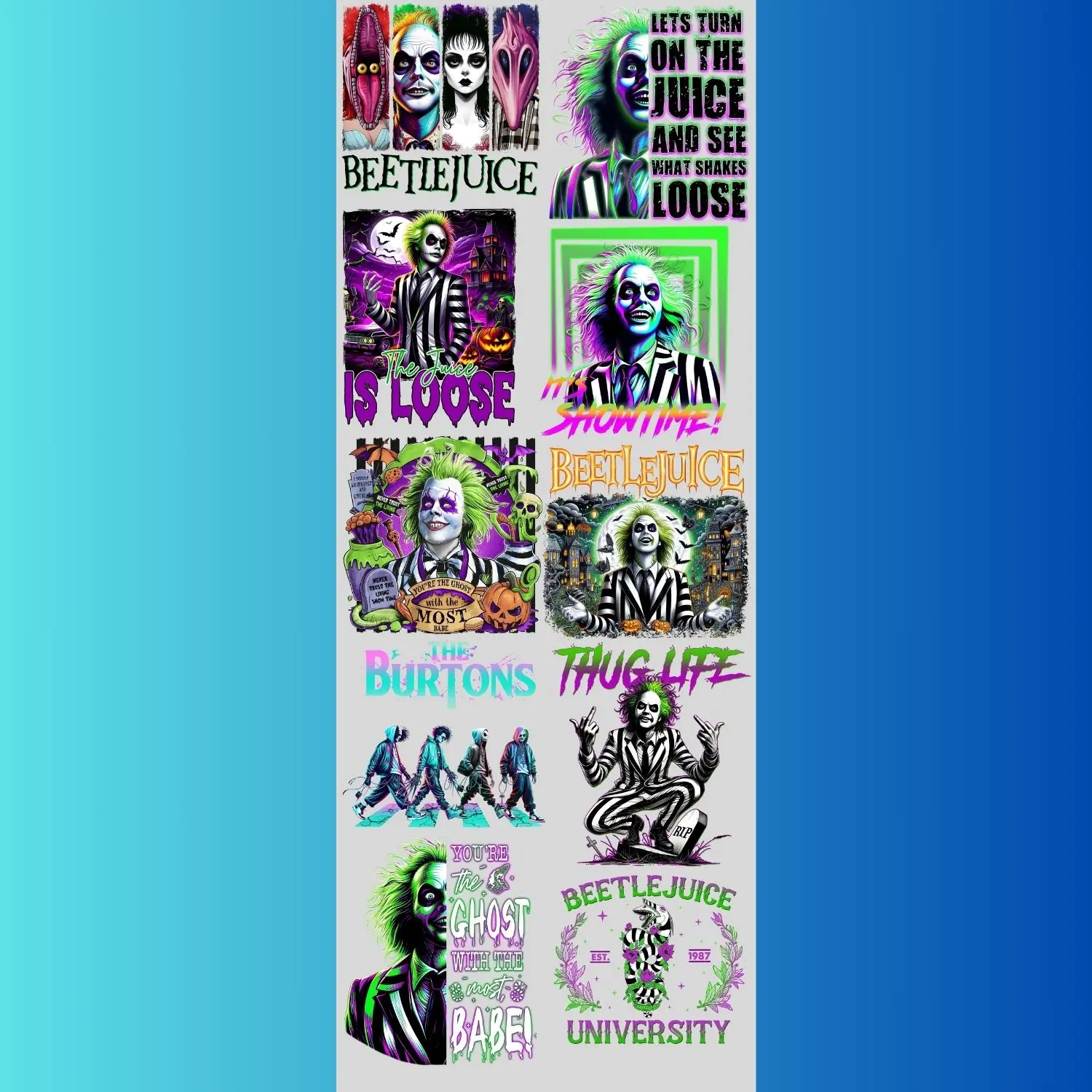 Beetlejuice premade DTF gang sheet, Halloween Prints, Halloween Transfers, Killer Halloween transfers, Spooky transfers, Thug Life Prints Anime Design Canvas Art