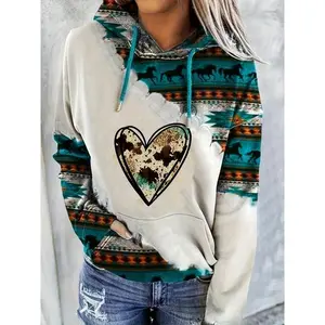 Aztec Geo Print Kangaroo Pocket Hoodie, Casual Long Sleeve Drawstring Hoodies Sweatshirt, Women's Clothing Womenswear Tops