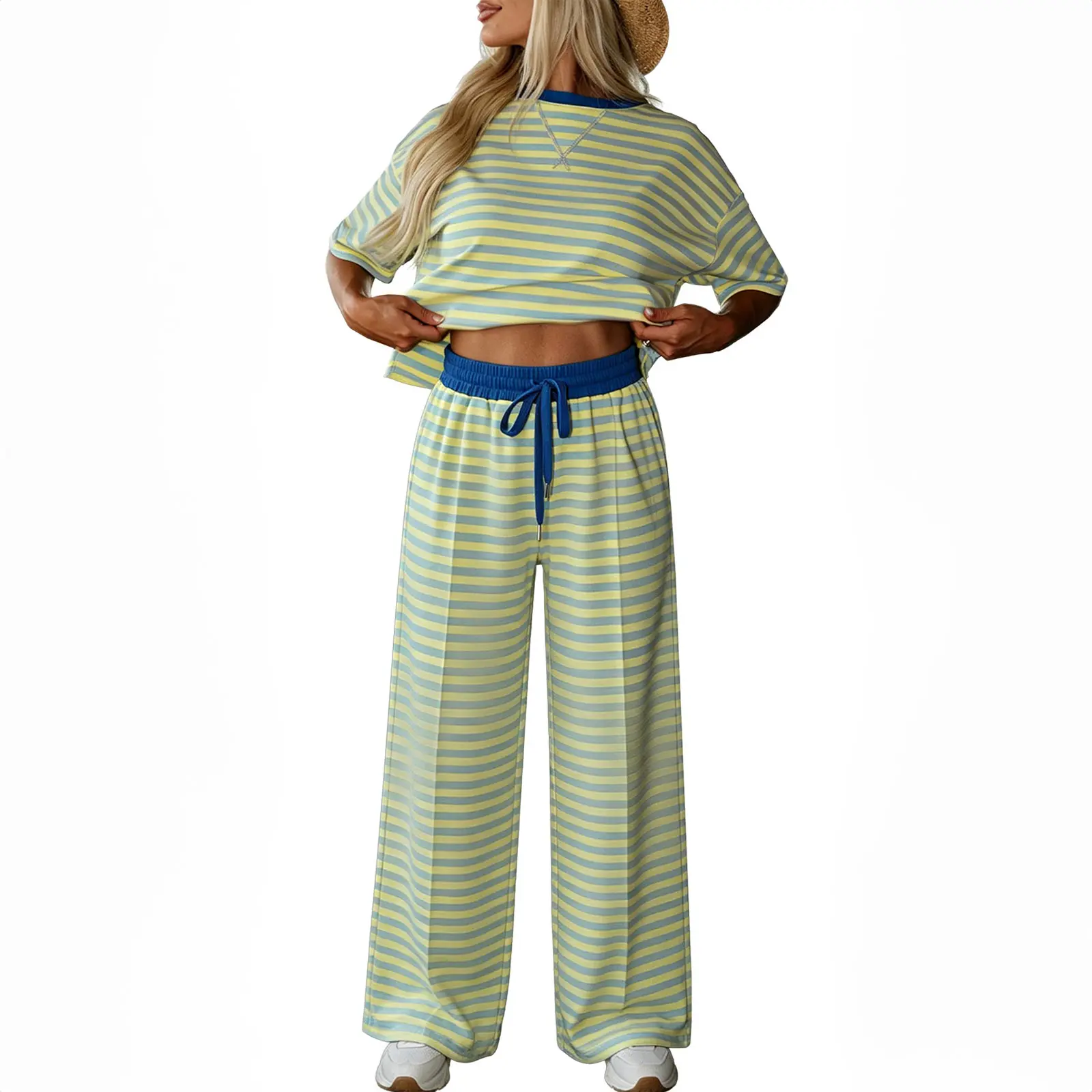 Asvivid Women's Striped Colorblock 2 Piece Outfit Casual Short Sleeve Top & Wide Leg Pants Loungewear Set sohochic