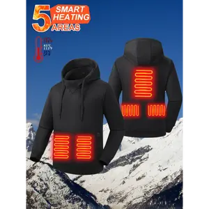 Plus Size Men's Long Sleeve Hooded Heated Pullover With 7.4V Battery Pack, 5 Heating Zones, Hooded Sweatshirt For Fall/Winter Outdoor Activities - Camping, Hiking, Skiing, Cycling