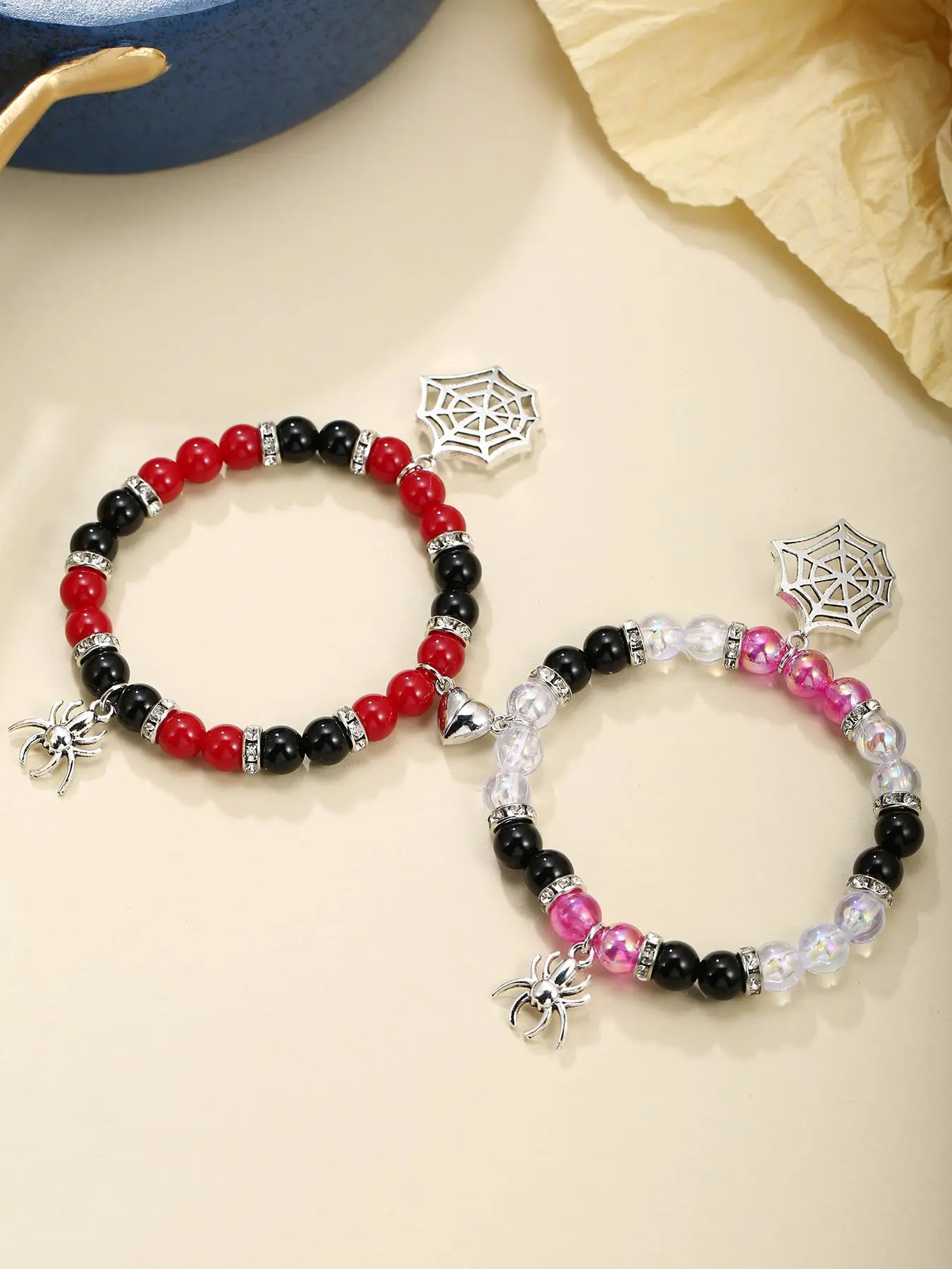 Fashion Spider & Net Design Charm Beaded Bracelet, Casual Simple Magnetic Heart Charm Jewelry for Party, Daily Clothing Decor, Adjustable Beaded Charm Bracelet